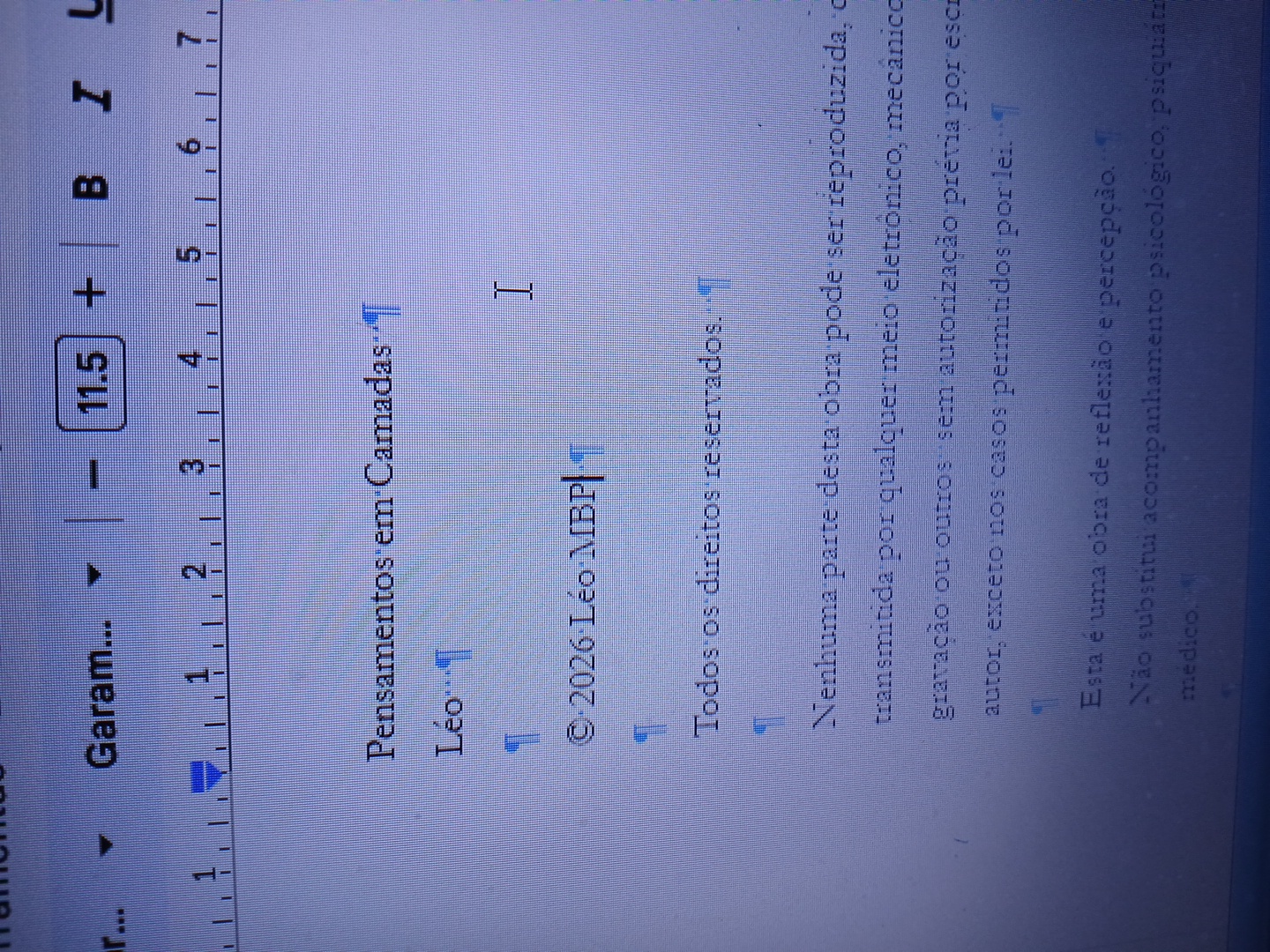 Manuscrito em andamento de Pensamentos em Camadas