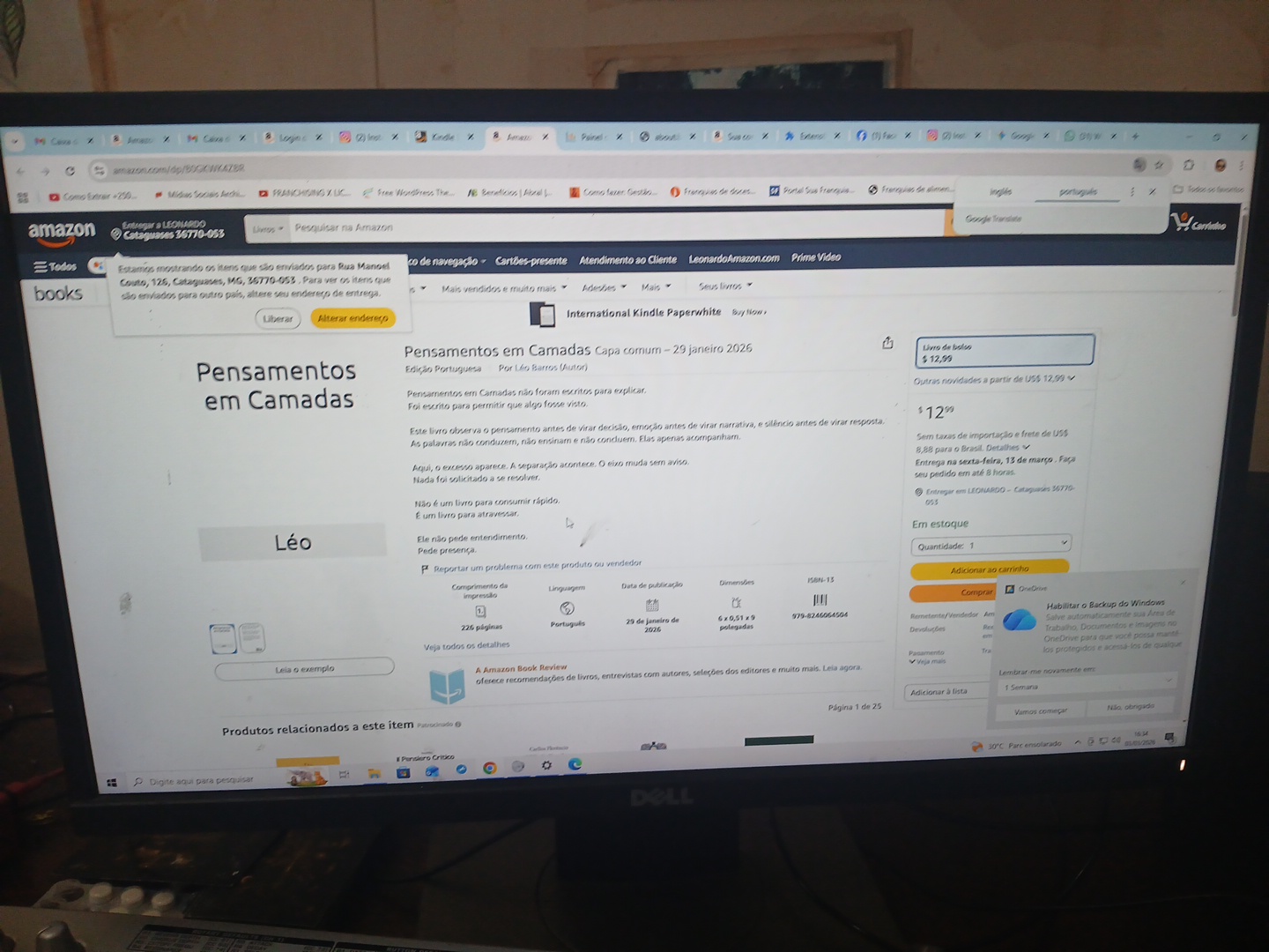 Página da Amazon mostrando Pensamentos em Camadas publicado